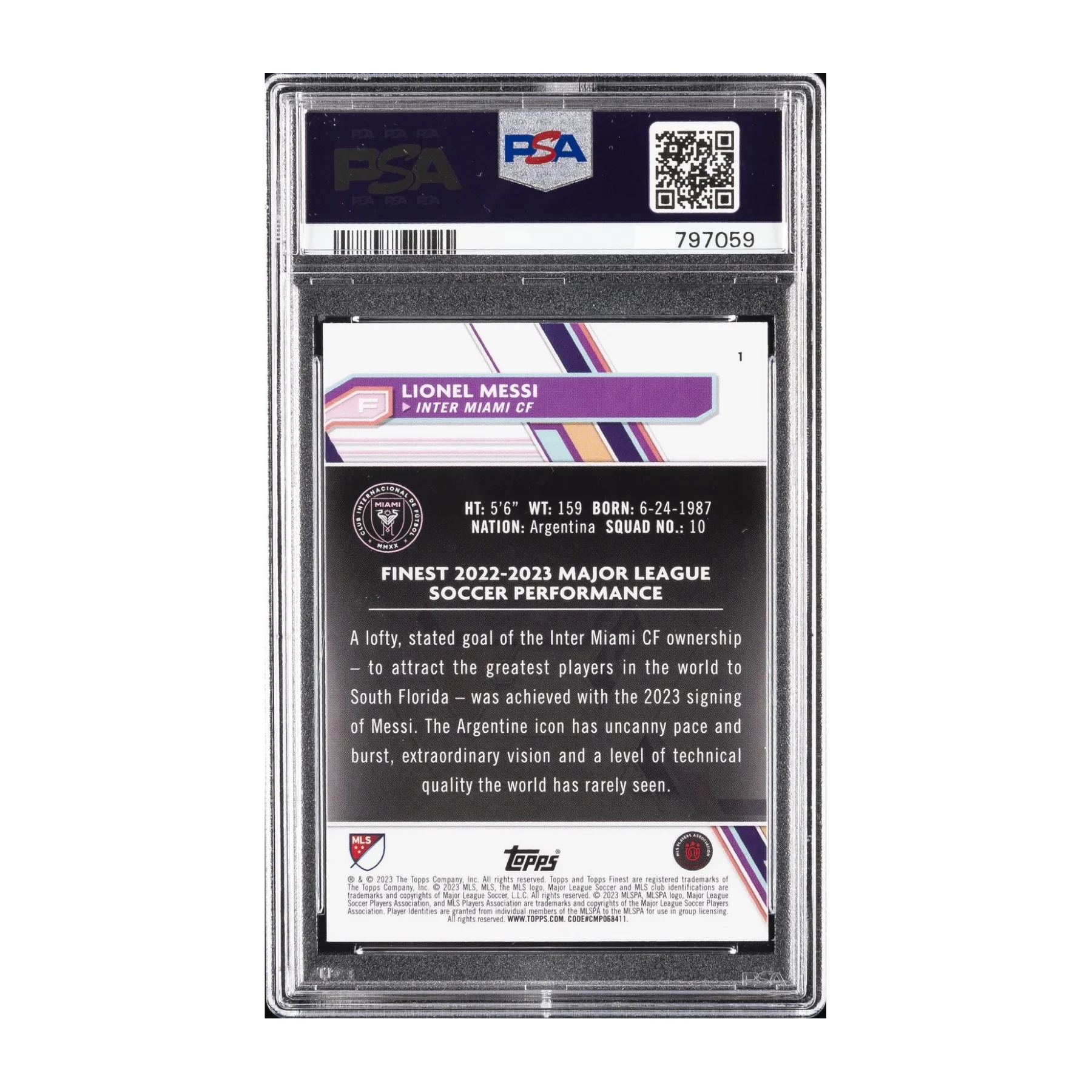 Topps Finest MLS#1 Lionel Messi PSA9 Auto Authentic 2023